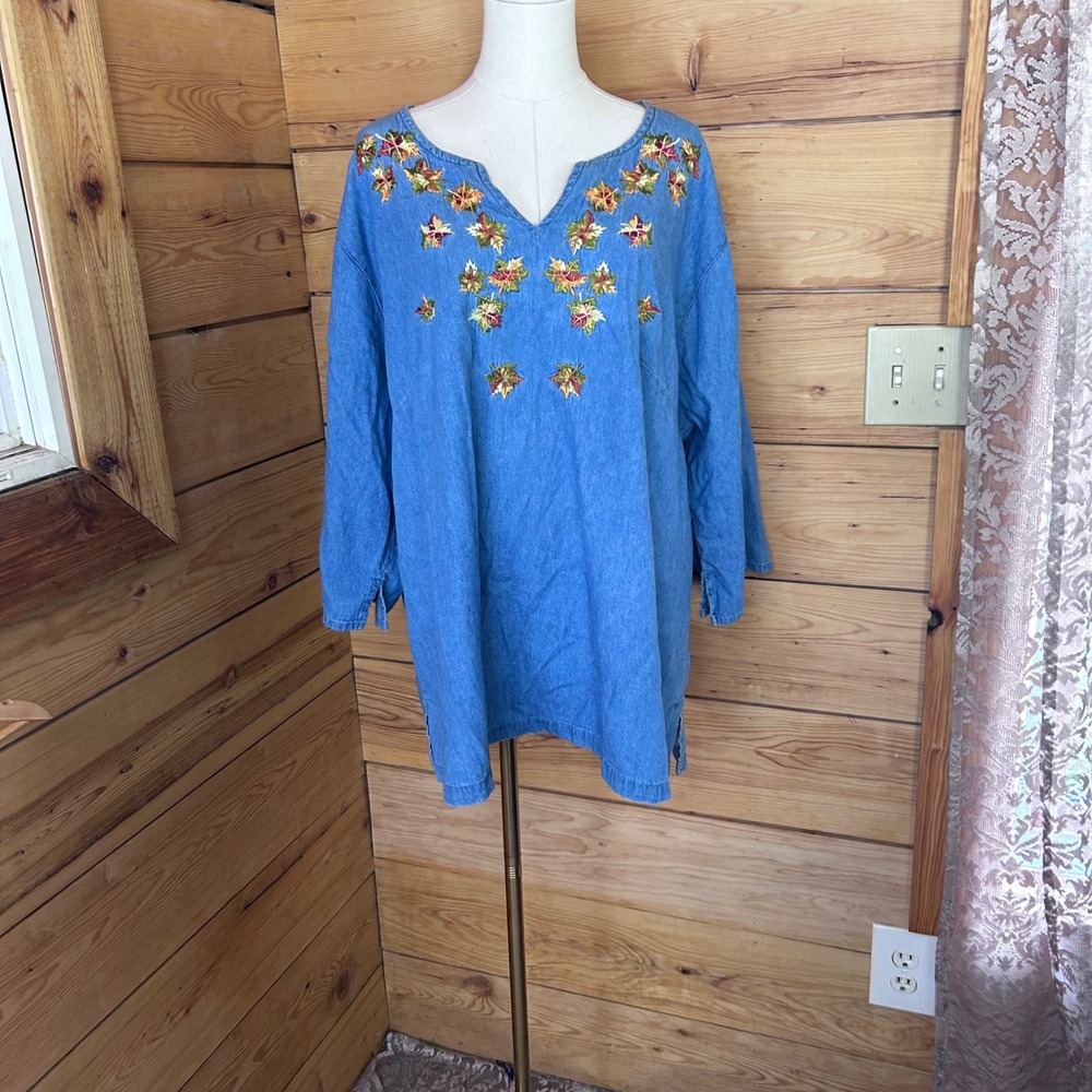 Vintage Denim Tunic Women 3XL Blue Embroidered Autumn Leaf Cotton Passion-I